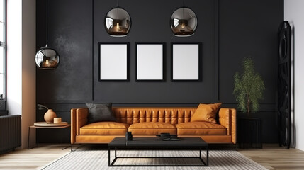 Frame gallery mockup in living room interior with leather sofa. Generative Ai
