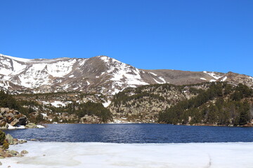 Lake on the Ascent to Pico Carlit from the Bulloses reservoir. Mont-Louis, Upper Cerdanya, Pyrenees-Orientales, Languedoc-Roussillon, France.
French snowy mountain set in the thawed lakes