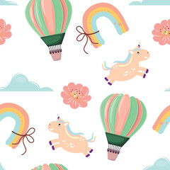 Cartoon vector illustration of unicorn, hot air balloon, clouds and flowers on white background. seamless pattern.