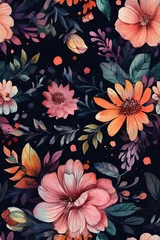 Möbelaufkleber Seamless Watercolor flora pattern, spring flower with leaves black background, romantic texture background, generative ai © 1by1step