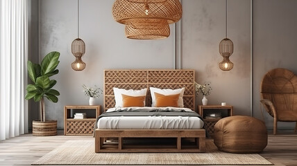 Home mockup, bedroom interior background with rattan furniture and empty frames. Generative Ai