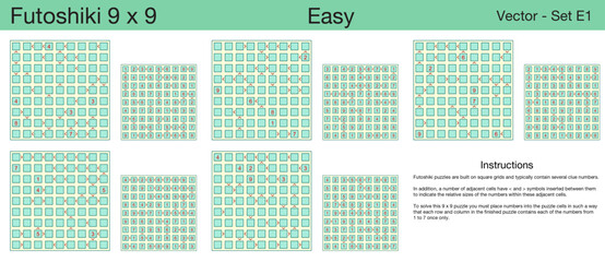 5 Easy Futoshik 9 x 9 Puzzles. A set of scalable puzzles for kids and adults, which are ready for web use or to be compiled into a standard or large print activity book.