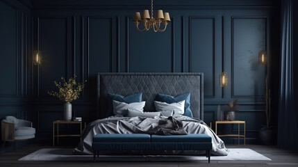 Home mockup, cozy dark blue bedroom interior background, 3d render. Generative Ai