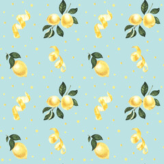 Watercolor lemon fruit. Hand painted sour lemon with seeds and peel. Juicy lemons seamless pattern. Bright summer design