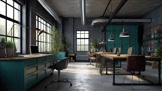 Modern office interior in loft, industrial style, 3d render. Generative Ai