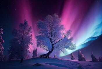Obraz na płótnie Canvas Beautiful northern lights on the sky in purple and blue colors, winter wonderland landscape, Christmas and New Year card background. Generative AI