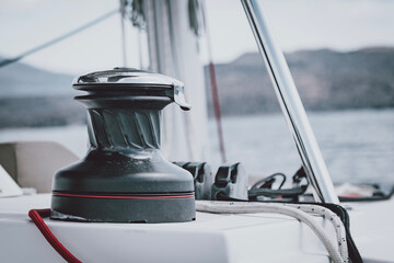 Mainsail winch on catamaran, Santorini