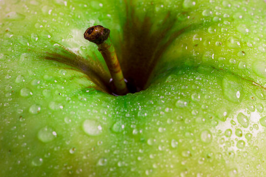 Green apple with dew drops on the peel close-up.