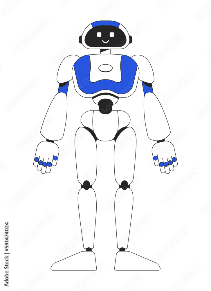 Poster standing humanoid robot with smile linear flat color vector character. editable figure. full body ma