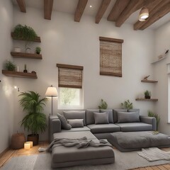 Cozy living room with wood interior, generative ai