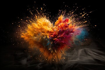 Colorful Explosion in Heart Shape - Abstract Wallpaper on Black Background by generative ai