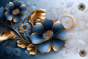 3D Blue and golden flower with 3d background design wallpaper