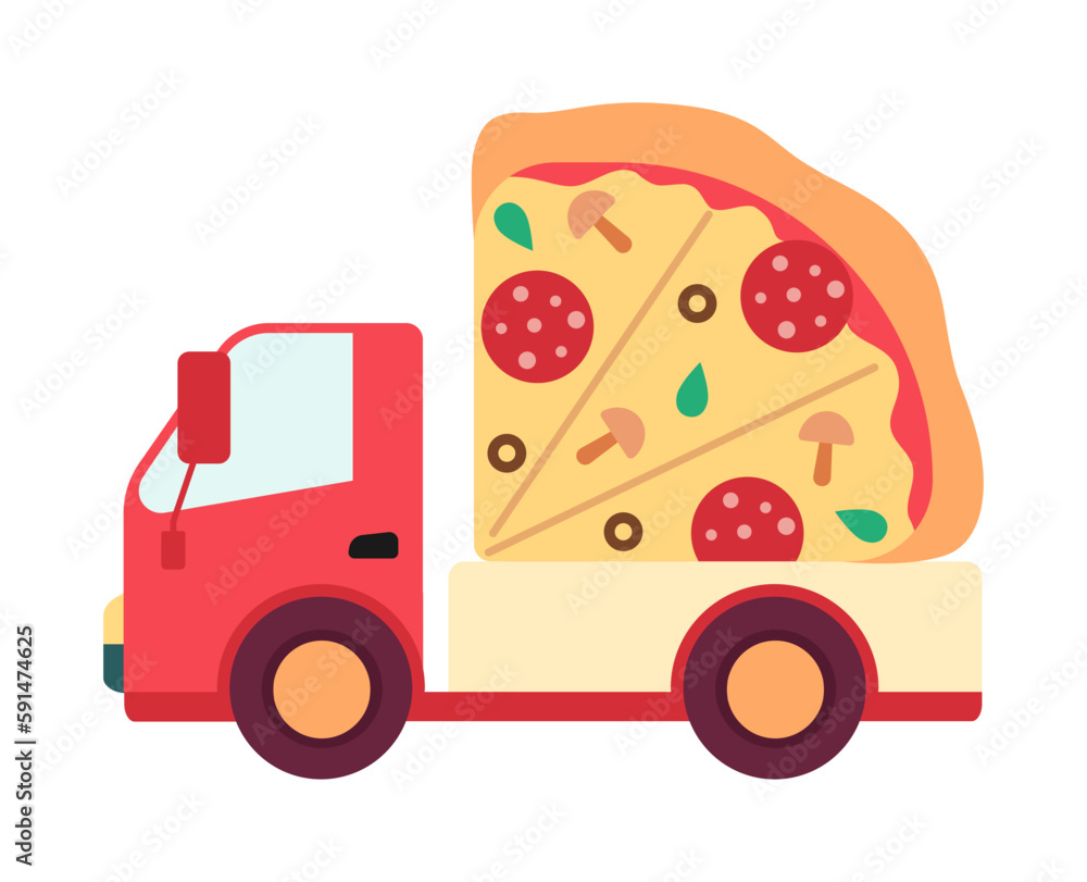 Poster delivery vehicle with pizza flat concept vector spot illustration. editable 2d cartoon object on whi