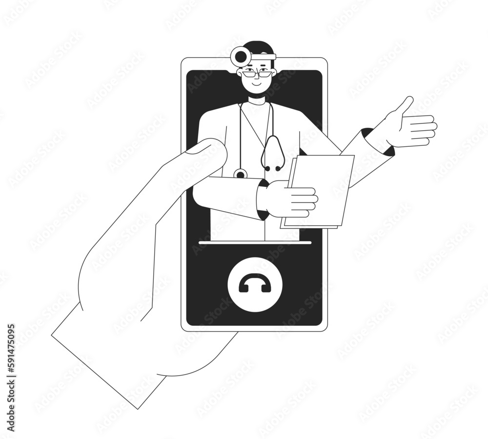 Poster online doctor consultation on mobile phone bw concept vector spot illustration. 2d flat line monochr
