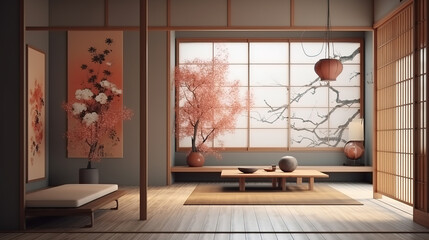 Minimalist design living room japan style. Generative Ai