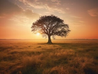 Naklejka na ściany i meble A single tree standing tall in a vast, open field at sunset