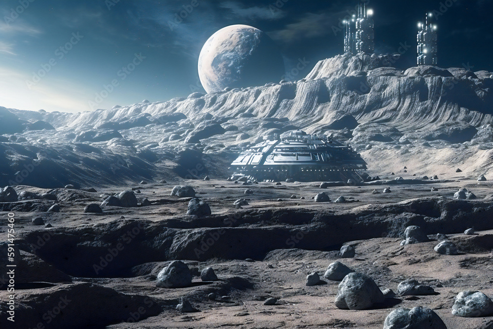 Poster future moon other planets moons base or scientific facility. moon or outer space colonization concep