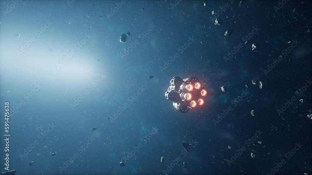 Wall mural spaceship in deep space flying through the universe