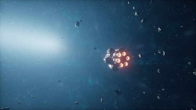 Spaceship in deep space flying through the universe