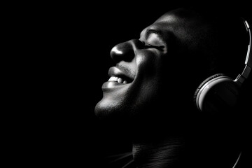 Fototapeta na wymiar Happy afro-american man enjoying listening to jazz music using headphones. Closeup portrait, AI generative image