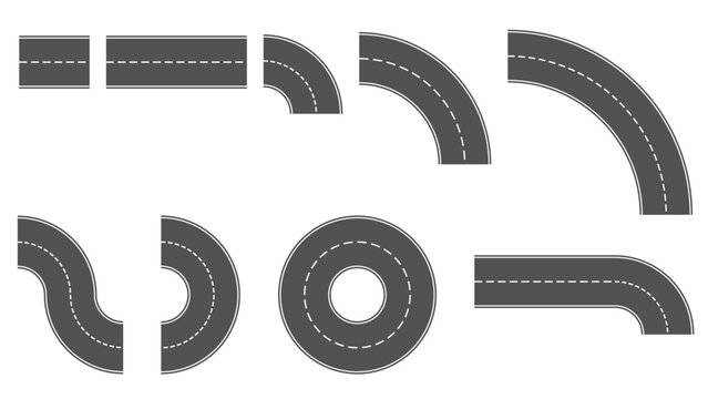 Set of gray road piece with broken line in middle isolated on white. Road constructor. Clipart.
