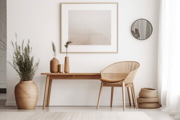 Scandinavian interior design in living room, chic rattan console, wooden chair, mock-up poster frame, elegant vase with pampas grass. generative ai - obrazy, fototapety, plakaty