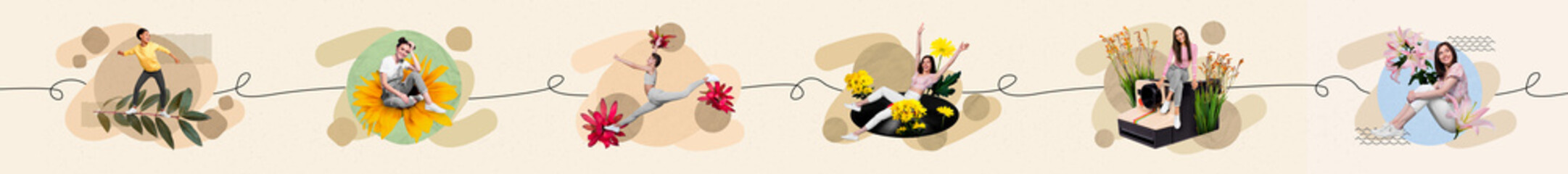 Creative retro 3d magazine collage image of smiling ladies celebrating 14 february getting flowers isolated painting background