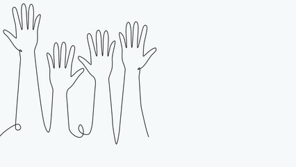 Animation of a continuous single line drawing of a group of hands raised up. The concept of voting, elections, business team work