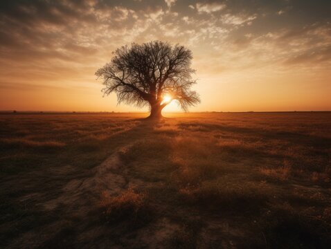 A single tree standing tall in a vast, open field at sunset © Suplim