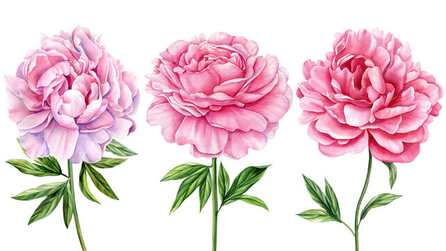 Pink peony. Set watercolor floral elements. Wedding flowers. Flower for poster, invitation, design and greeting card 