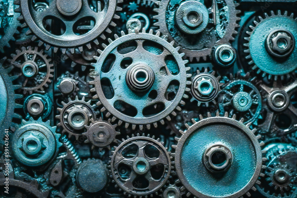 Poster a bunch of used metallic cogwheels stacked. created with generative ai technology.