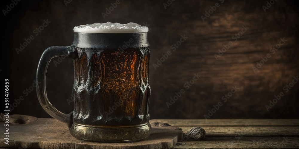 Poster beer stein with a foreboding, rural backdrop and a frothy frothy bre generative ai