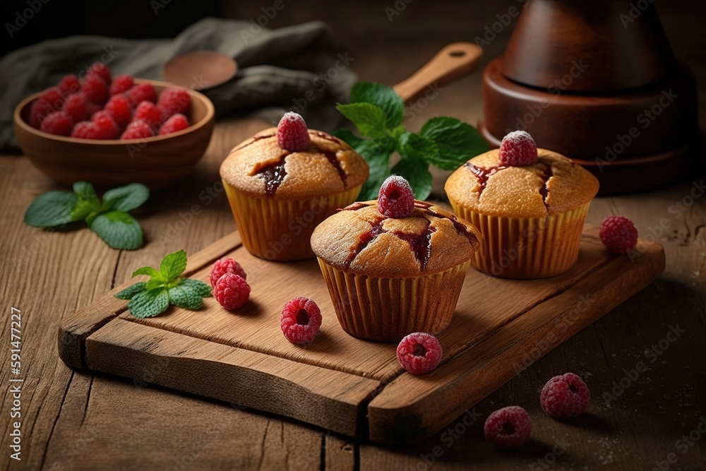 Poster raspberry muffins displayed on a wooden board. generative ai
