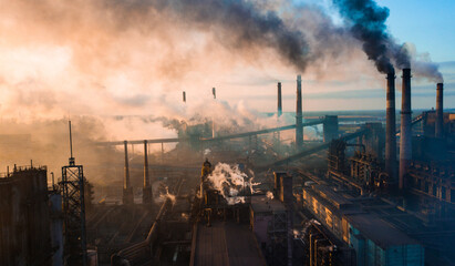 industry metallurgical plant dawn smoke smog emissions bad ecology aerial photography