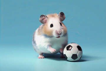 Hamster with a Soccer Ball (football) on Blue Background, Generative AI - 591477497