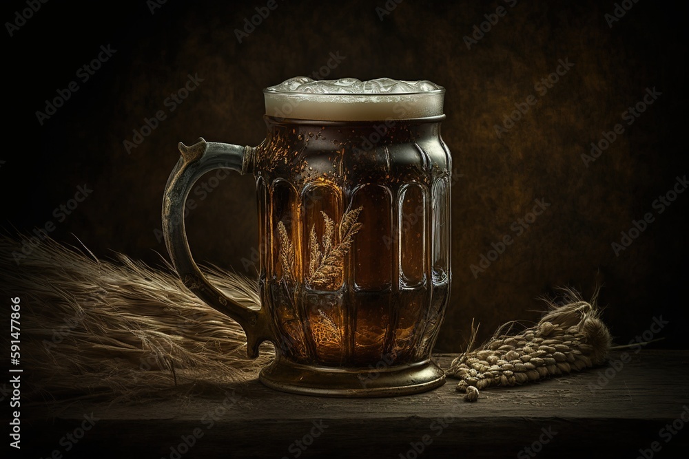 Poster dark rusty backdrop with a rusty mug of wheat beer. generative ai