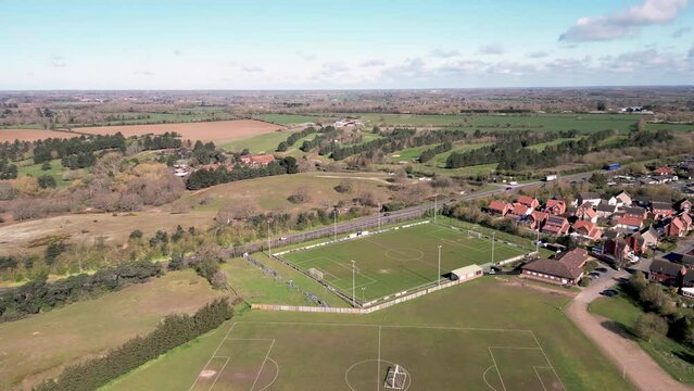 4k drone footage of Nottcutts Park, home of Woodbridge Town Football Club in Suffolk, UK