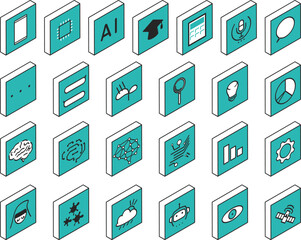 AIの進化とネットワークに関わるイメージの四角いアイソメトリックアイコン　セット　イラスト素材
