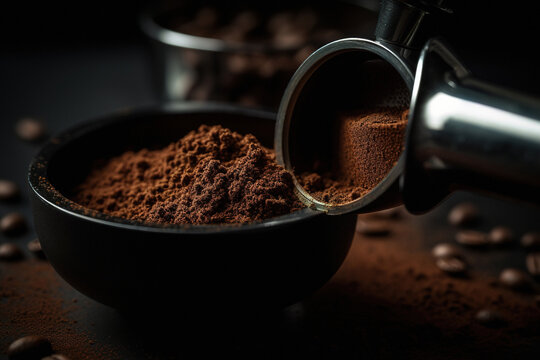 Close-up Photoof Coffee Grounds Being Scooped Into A Portafilter. Generative Ai