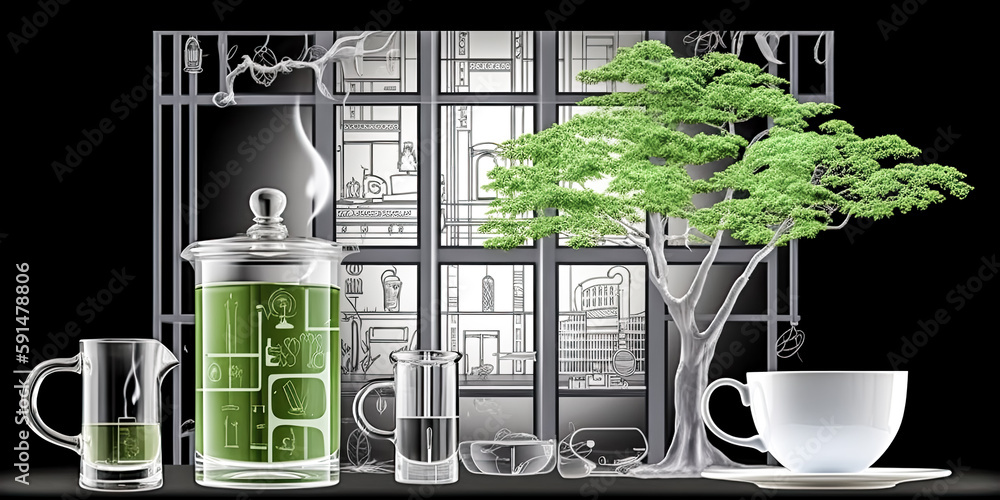 Aufkleber a hot drinkmaker flatlay view with a shadow window was created - generative ai.