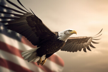 Obraz premium An American Bald Eagle flies near the flag of the United States. Patriotic illustration of USA symbol. ai generated