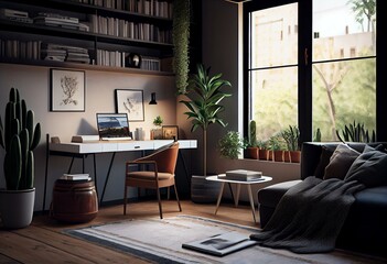 Fototapeta na wymiar Light living room interior with workplace and shelf, panoramic window. Generative AI