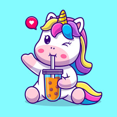 Cute Unicorn Drink Boba Milk Tea Cartoon Vector Icon Illustration. Animal Drink Icon Concept Isolated Premium Vector. Flat Cartoon Style © catalyststuff