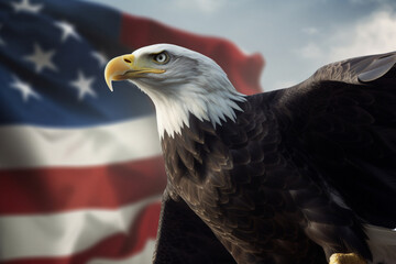 An American Bald Eagle flies near the flag of the United States. Patriotic illustration of USA symbol. ai generated