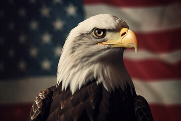 Naklejka premium American bald eagle on the background of the flag of the United States. Patriotic illustration of USA symbol. generated by ai