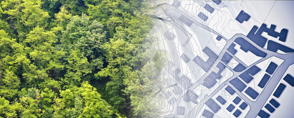 Imaginary cadastral map with buildings, land parcel and vacant plot - land records and property registry concept with cadastral parcel and woodland