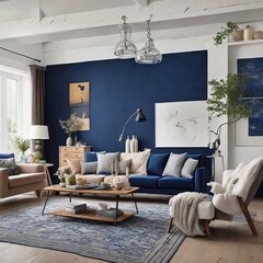 modern living room in dark blue and white color, generative ai