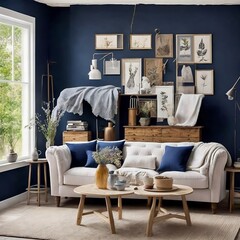 modern living room in white sofa and darkblue color, generative ai