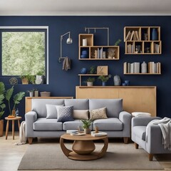 modern living room with dark blue wall and cozy sofa, generative ai