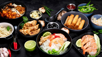 Various of asian meals on rustic background , top view , place for text. Asian food concept.
